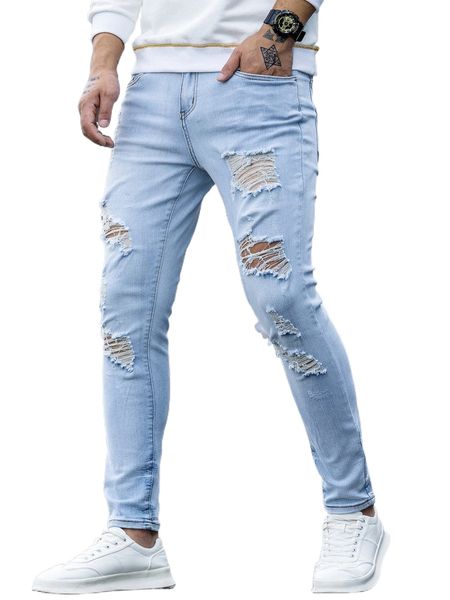 men light wash ripped frayed skinny jeans b6u0#, Blue 
men light wash ripped frayed skinny jeans b6u0#, Blue