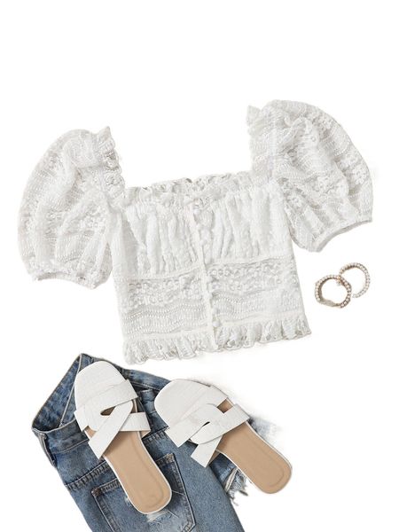 frill trim puff sleeve crop lace blouse h9fw#, White
