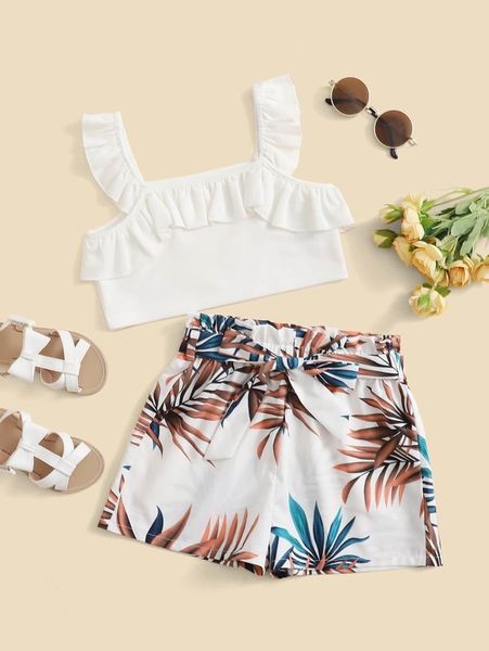 girls ruffle trim and paperbag waist belted tropical shorts set she, White
girls ruffle trim and paperbag waist belted tropical shorts set she, White