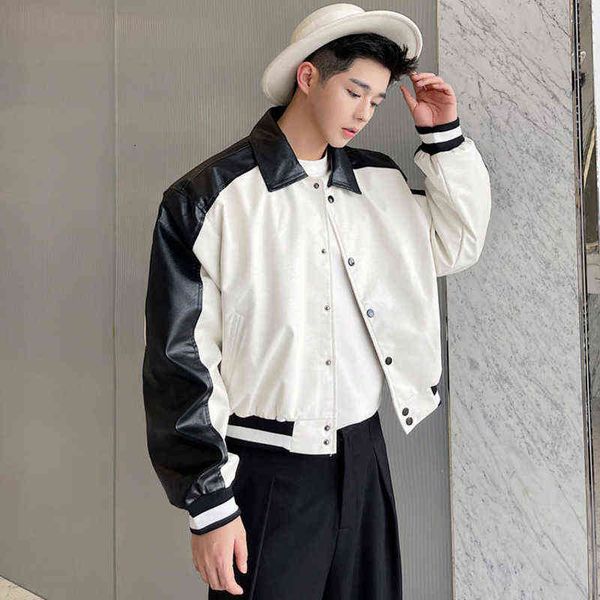 men's pu leather jacket colorblock patchwork casual simple loose motorcycle button lapel short jacket 2022 new cortavientos t220728, Black
men's pu leather jacket colorblock patchwork casual simple loose motorcycle button lapel short jacket 2022 new cortavientos t220728, Black