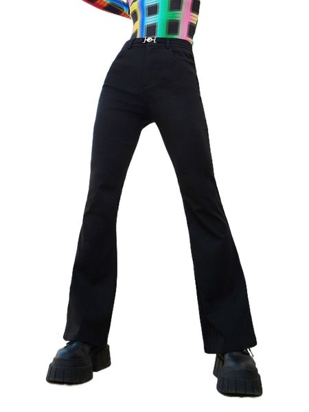 solid belted bootcut pants s5fa#, Black;white