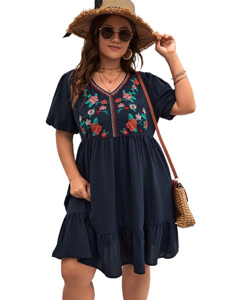plus floral embroidery ruffle hem smock dress a1md#, Black
