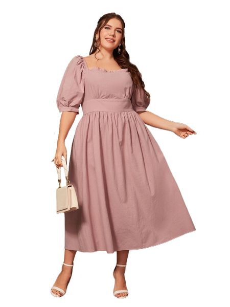 plus frill trim square neck puff sleeve dress 10sy#, Black 
plus frill trim square neck puff sleeve dress 10sy#, Black