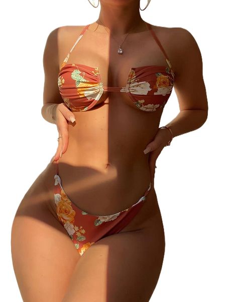 floral print halter underwire bikini swimsuit s7br#, White;black 
floral print halter underwire bikini swimsuit s7br#, White;black