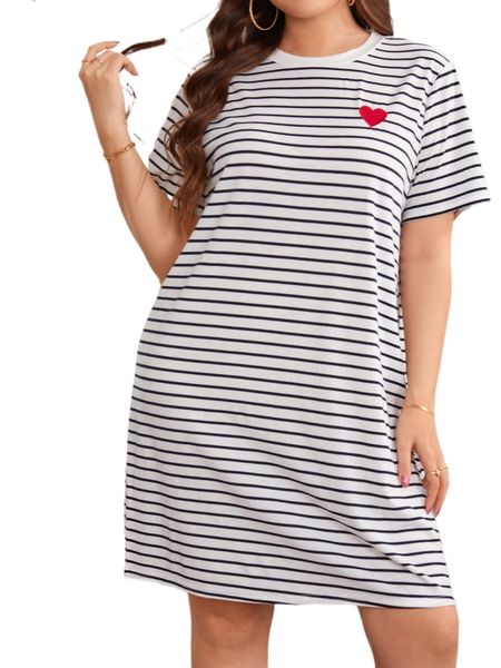 plus striped print heart embroidery tee dress b12f#, Black