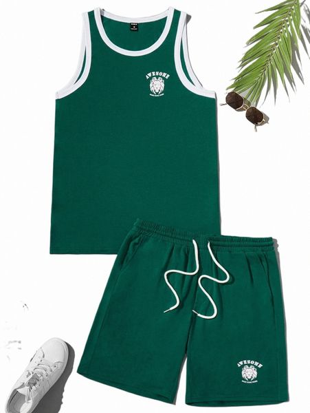 men lion & letter graphic contrast binding tank and drawstring waist shorts o3tx#, Gray
men lion & letter graphic contrast binding tank and drawstring waist shorts o3tx#, Gray