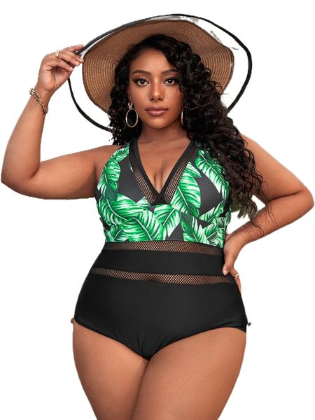 plus tropical print contrast mesh one piece swimsuit d6o4#, White;black