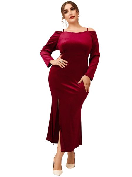 plus cold shoulder split thigh velvet dress m54p#, Black