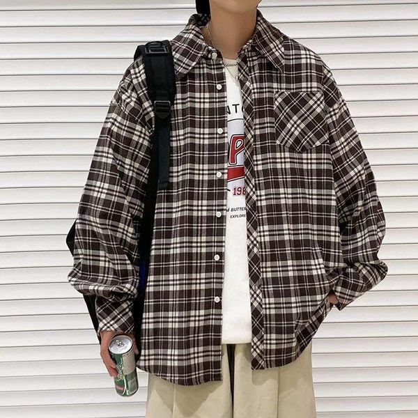 men's casual shirts mens plaid shirt loose fashion retro wild student trend long sleeve lapel outer male clothes four seasons coat, White;black
men's casual shirts mens plaid shirt loose fashion retro wild student trend long sleeve lapel outer male clothes four seasons coat, White;black