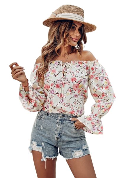 floral print frilled off shoulder tie front flounce sleeve blouse r164#, White