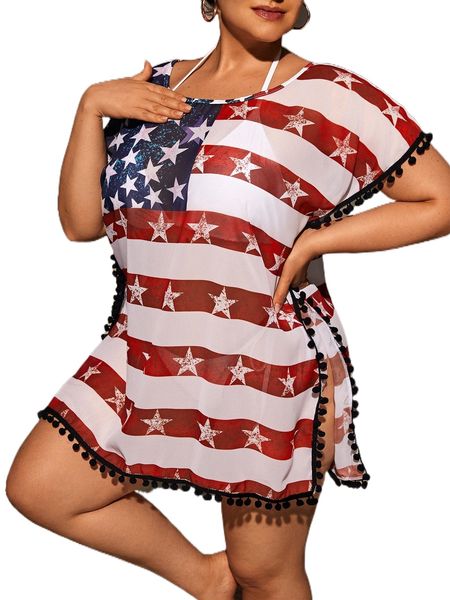 plus americana print pom pom trim split hem cover up without bikini u46i#, Black