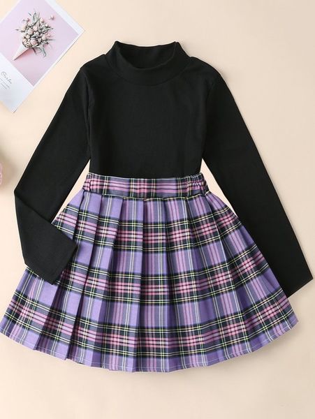 girls mock neck tee & tartan pleated skirt she, White