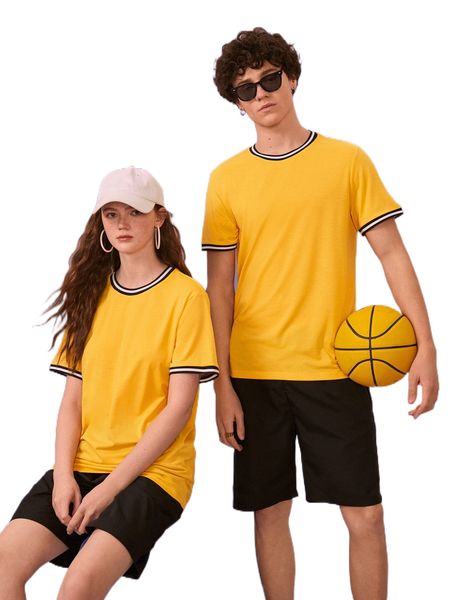 1pc contrast stripe trim tee 32sj#, White;black 
1pc contrast stripe trim tee 32sj#, White;black