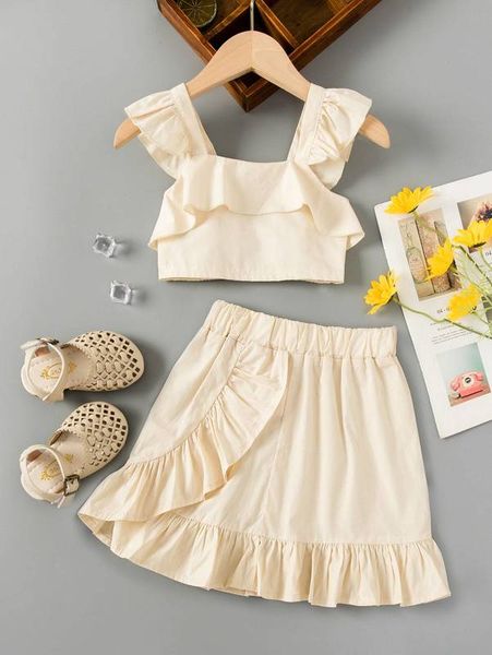 toddler girls ruffle trim crop cami & wrap hem skirt she, White