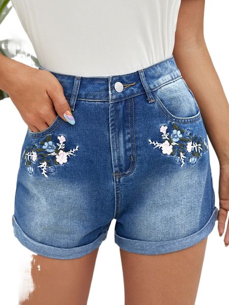 floral embroidery roll hem denim shorts g2un#, White;black