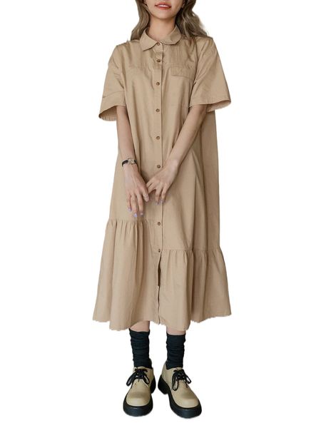 dazy drop shoulder button through ruffle hem smock dress z4jw#, Black;gray