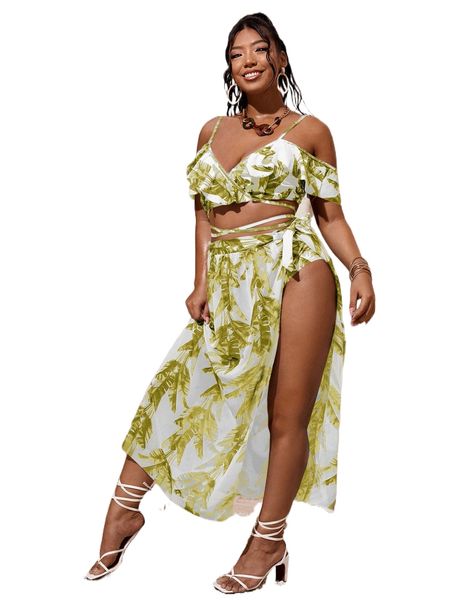 plus 3pack tropical print ruffle trim cold shoulder bikini swimsuit t3r7#, White;black
plus 3pack tropical print ruffle trim cold shoulder bikini swimsuit t3r7#, White;black