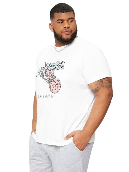 extended sizes men basketball & letter graphic tee 01p4#, White;black