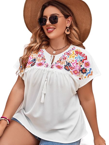 plus tie neck geo embroidery blouse v0yj#, Black 
plus tie neck geo embroidery blouse v0yj#, Black