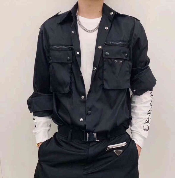 22 classic metal triangle logo long sleeve shirt men's prd double pocket waterproof nylon fashion black fashion jacket, White;black
22 classic metal triangle logo long sleeve shirt men's prd double pocket waterproof nylon fashion black fashion jacket, White;black