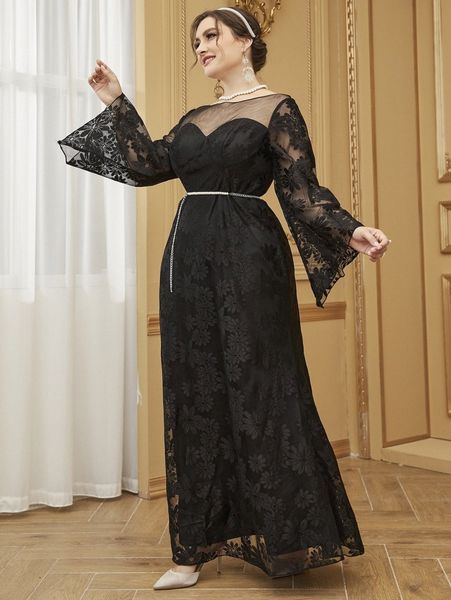 plus mesh panel flounce sleeve belted lace prom dress w778#, Black
plus mesh panel flounce sleeve belted lace prom dress w778#, Black