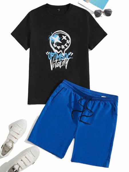 men letter & cartoon graphic tee & drawstring shorts 05og#, Gray
men letter & cartoon graphic tee & drawstring shorts 05og#, Gray