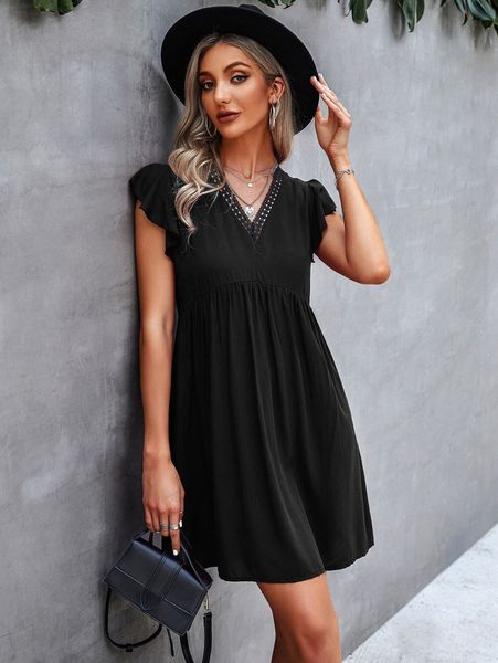 guipure lace panel ruffle trim dress u7tc#, Black;gray 
guipure lace panel ruffle trim dress u7tc#, Black;gray