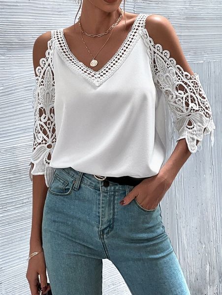 cold shoulder contrast guipure lace z7n2#, White 
cold shoulder contrast guipure lace z7n2#, White
