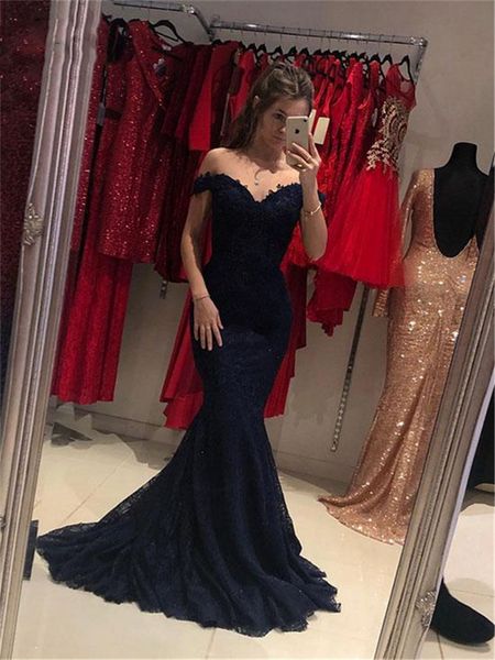 dark blue mermaid prom dresses with appliques lace short sleeves sweep train elastic satin evening gowns, Black
dark blue mermaid prom dresses with appliques lace short sleeves sweep train elastic satin evening gowns, Black