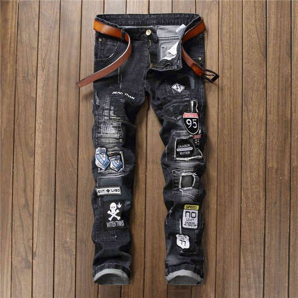 men's jeans fashion hole sticking cloth men's pants black badge stitching slim fit bullet small straight jeans 805 o2is, Blue
men's jeans fashion hole sticking cloth men's pants black badge stitching slim fit bullet small straight jeans 805 o2is, Blue