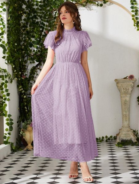 dobby mesh frill trim butterfly sleeve lace a-line dress c4jv#, Black;gray