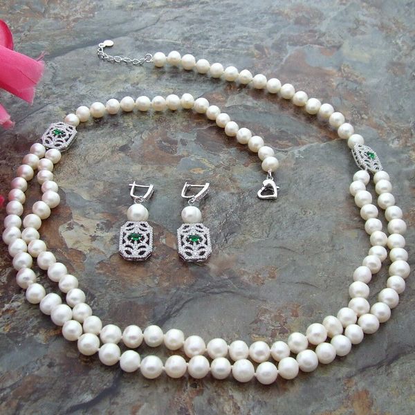 26" 2 rows 8-9mm white freshwater pearl zircon pave connector necklace earrings set, Silver
26" 2 rows 8-9mm white freshwater pearl zircon pave connector necklace earrings set, Silver
