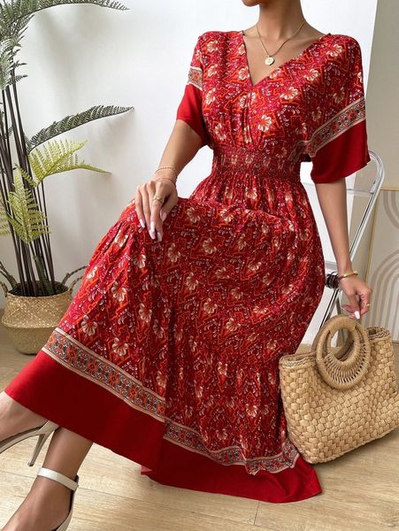 allover print batwing sleeve shirred waist dress l7o4#, Black;gray
allover print batwing sleeve shirred waist dress l7o4#, Black;gray