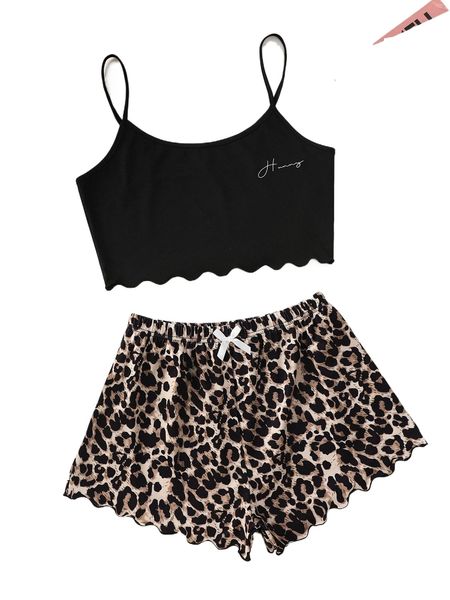 letter graphic scallop hem cami and leopard shorts pj set j2fq#, Black;red