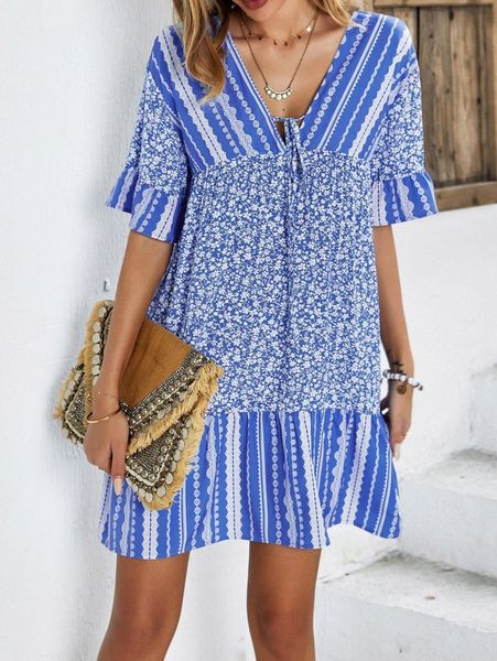 ditsy floral tie neck ruffle hem smock dress j7mb#, Black;gray
