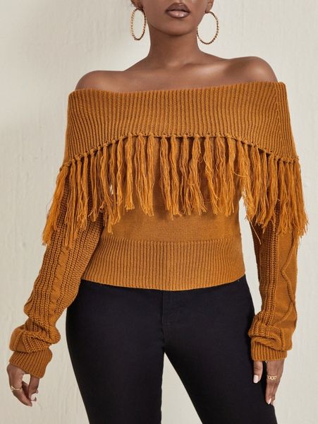 sxy off the shoulder fringe detail sweater v7bi#, White;black
sxy off the shoulder fringe detail sweater v7bi#, White;black