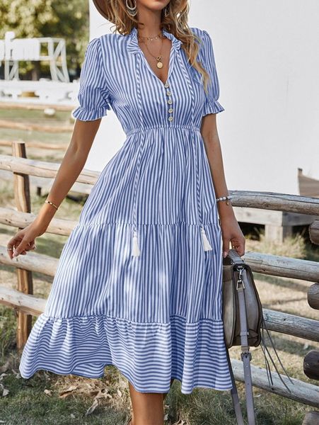 vertical striped flounce sleeve tassel tie neck ruffle hem dress b5g2#, Black;gray