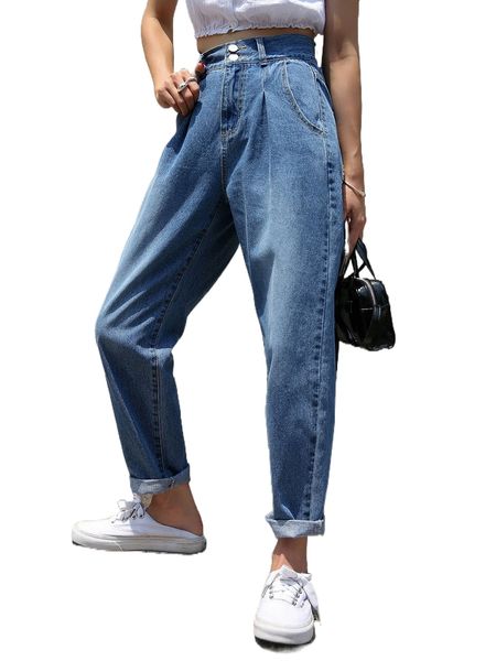 dazy high waist plicated mom jeans x9fm#, Blue 
dazy high waist plicated mom jeans x9fm#, Blue