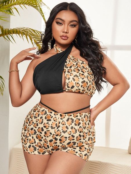 sxy plus leopard print backless knot halter & shorts i2wd#, Black 
sxy plus leopard print backless knot halter & shorts i2wd#, Black
