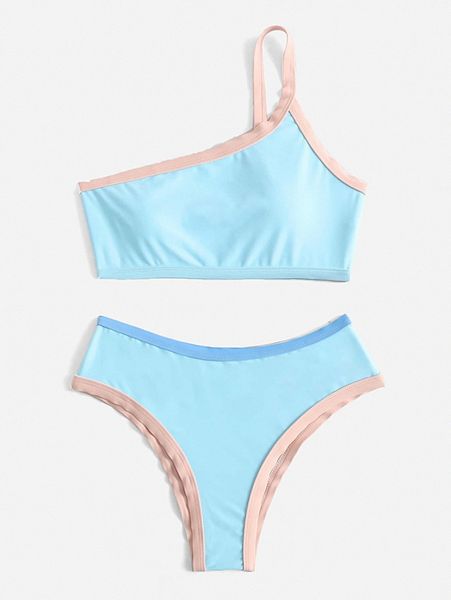 contrast binding one shoulder bikini swimsuit 50md#, White;black 
contrast binding one shoulder bikini swimsuit 50md#, White;black
