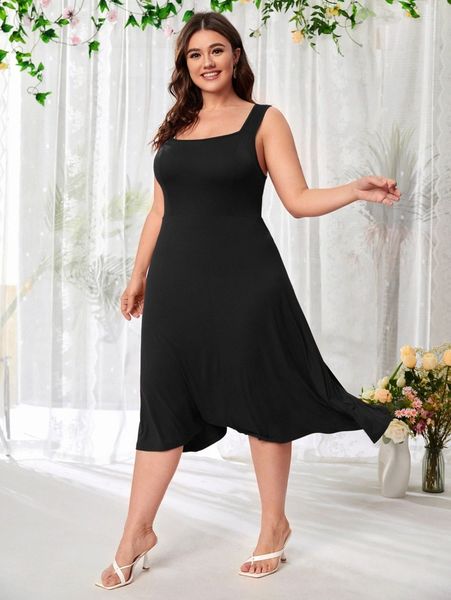 plus high waist solid dress 50zf#, Black