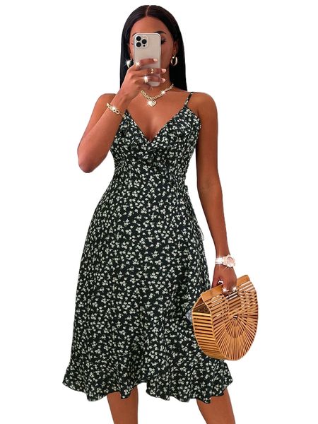 random ditsy floral ruffle trim tie side cami dress 117y#, Black;gray