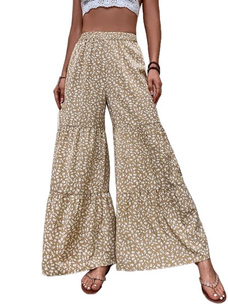 ditsy floral print ruffle hem wide leg pants v6cb#, Black;white
