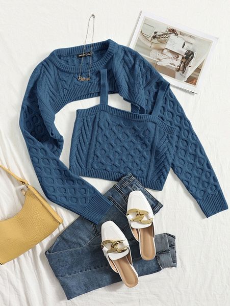 solid cable knit sweater & cami set a4po#, White;black
solid cable knit sweater & cami set a4po#, White;black