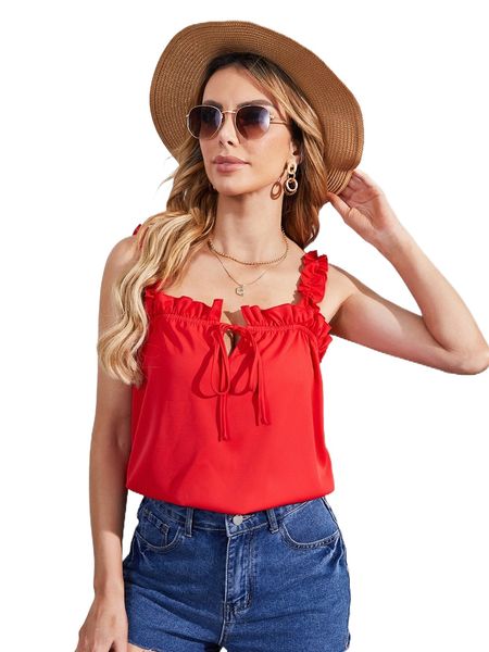 frill trim tie front solid tank m4as#, White