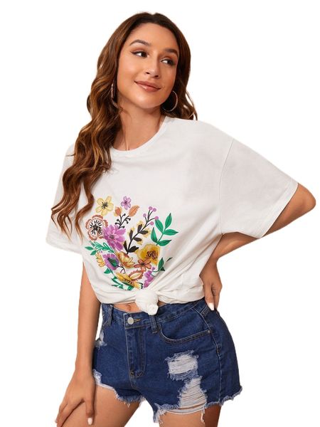 floral print drop shoulder tee o2ds#, White