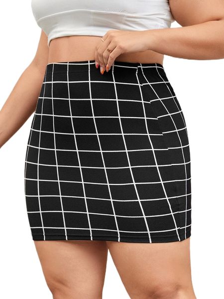 plus grid print bodycon skirt d6go#, Black
