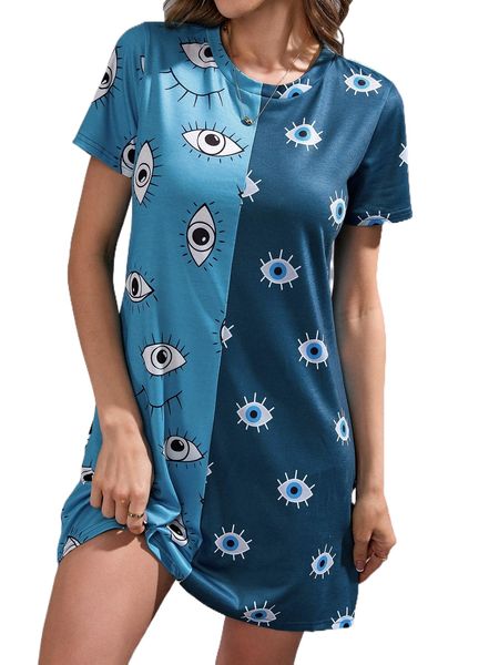 eyelet print spliced tee dress n07w#, Black;gray