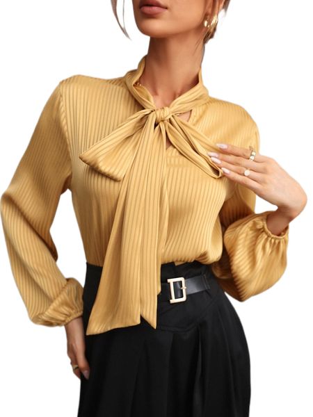 striped jacquard tie neck lantern sleeve blouse k29a#, White
striped jacquard tie neck lantern sleeve blouse k29a#, White