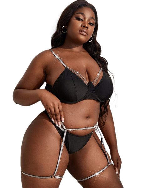 plus sparkly glitter chain linked lingerie set t3fu#, Black;white